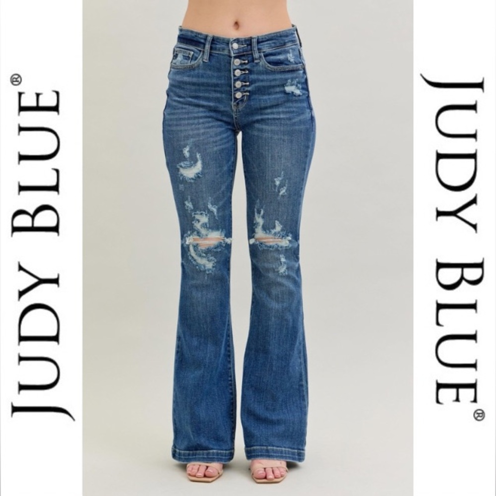 🎉LAST PAIR 🎉 JUDY BLUE | Midrise Button-Fly Destroyed Trouser Flare Jeans #82430